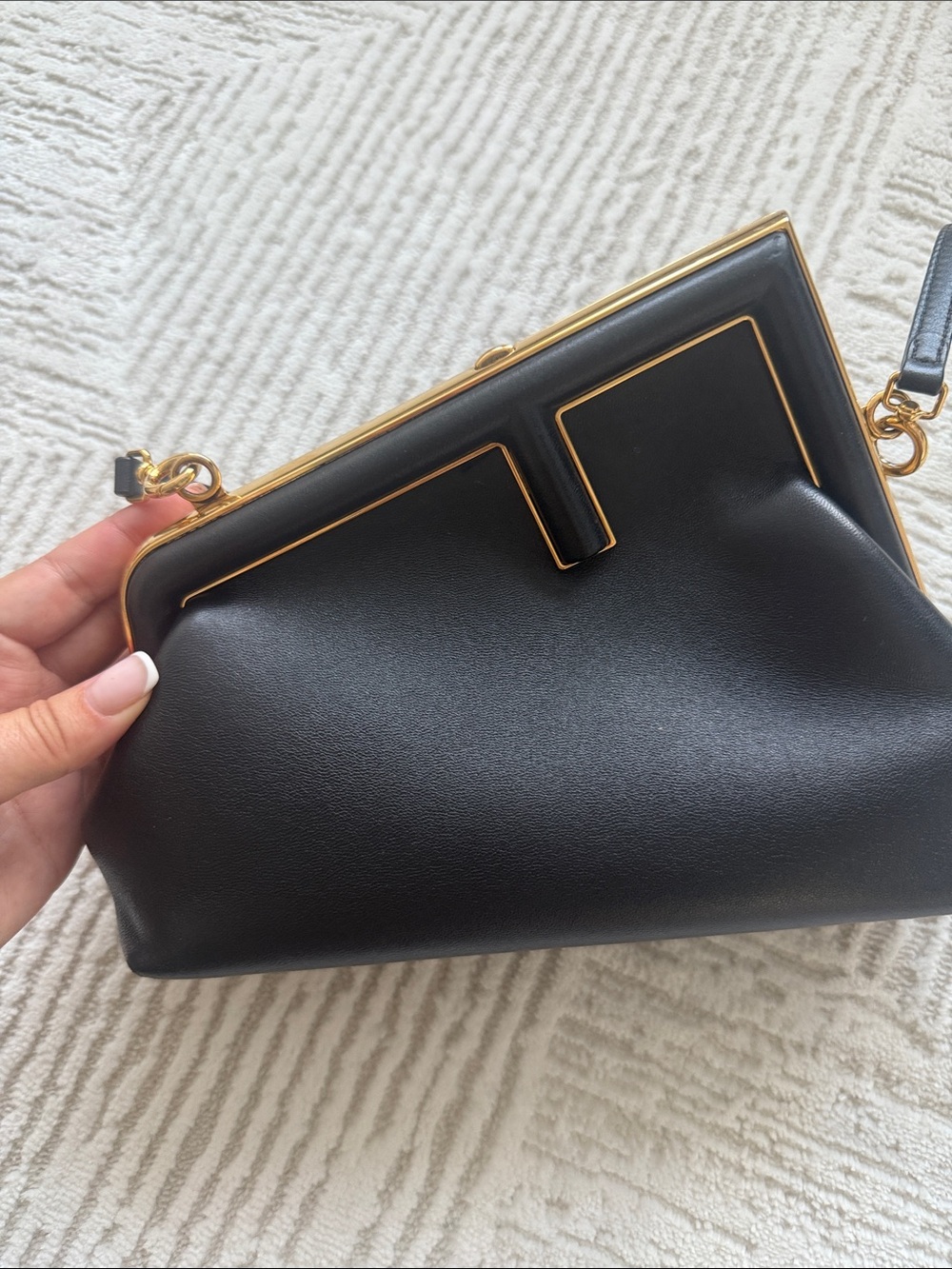Fendi Black Leather Frame Clutch with Gold Accents